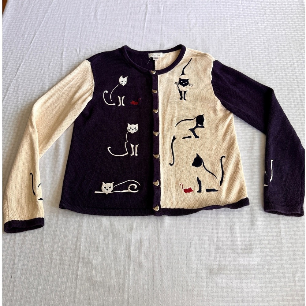 Christopher & Banks Cat Cardigan Navy Cream Embroidered Knit Sweater Medium 2003